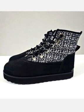 Larroude Vail Ankle Boot Womens 8 Black White Tweed Leather Winter Cozy NEW